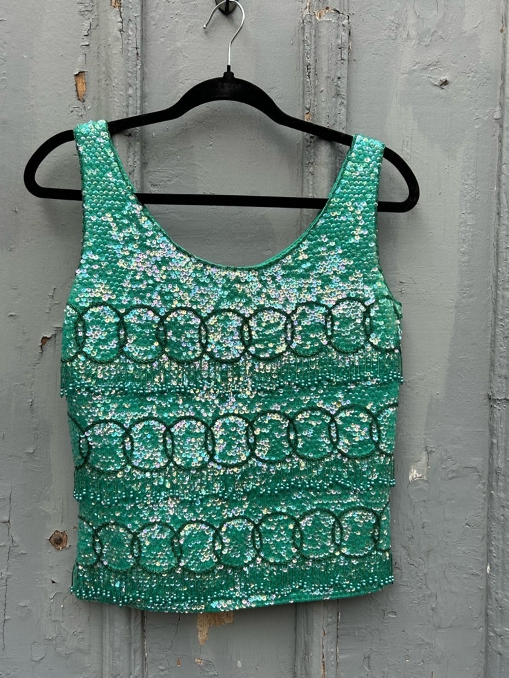 Vintage Green sequin sleeveless top, size “14” (modern 8/10)